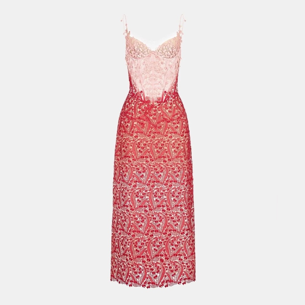 Montsand red Noah lace maxi dress with attached corset. Sz M